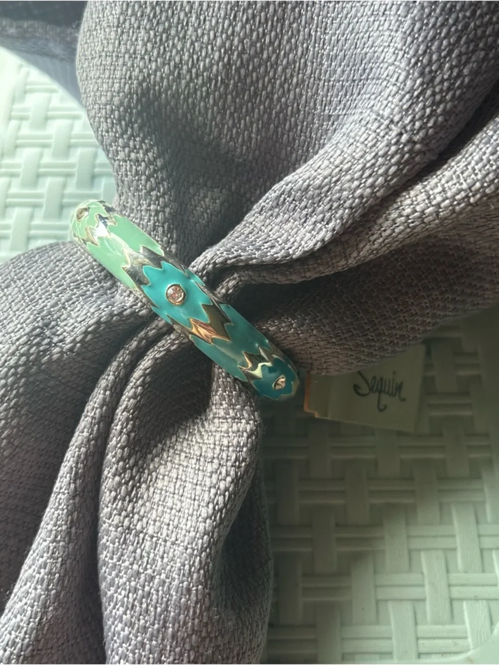 Turquoise Enamel Bangle Bracelet with Gold Accents